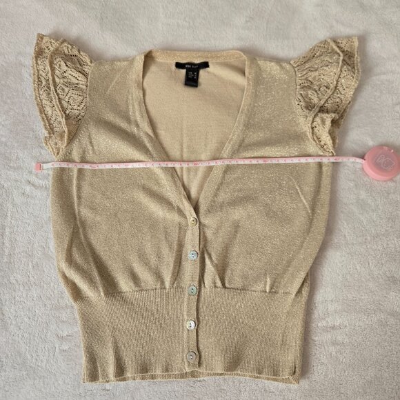 Mango Gold Glitter Knit Cardigan Crouched Short Sleeve Trim Button Front Top M - Picture 7 of 9